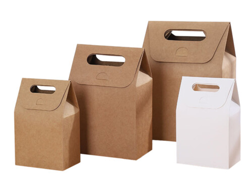 Custom Simple  brown color and easy assembly kraft paper bag with handle for snack cookie sweet bakery candy wedding party favors