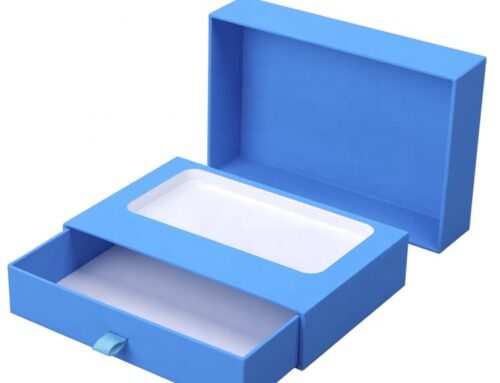 Blue gift rigid new year box with lid and pull-out design and clear window