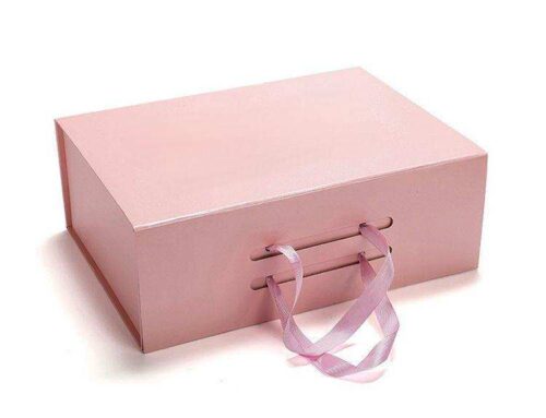 Custom Logo Pink Magnetic Foldable Satin Ribbon Handle Paper Box For Shoes Clothing Apparel
