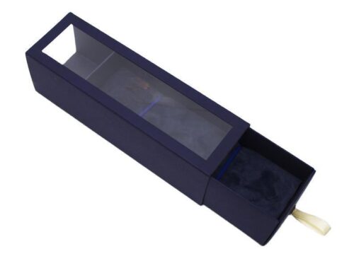 Dark blue rectangular pull-out cardboard man tie box with clear PVC window