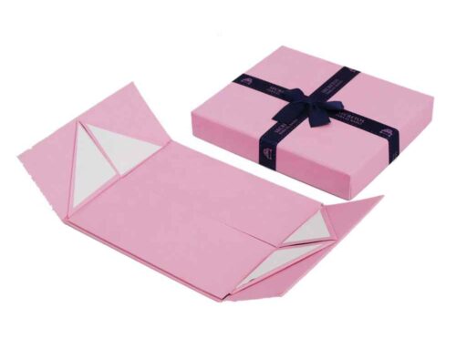 Pink 2pieces flat scarf box with printed logo ribbon rigid box with cmyk printing
