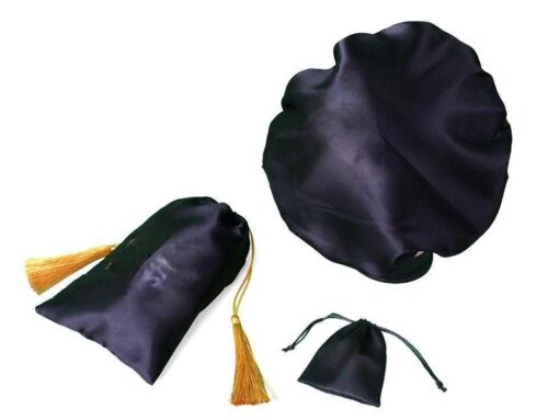 Printed Logo Black Silk Satin Drawstring Pouch Bag Curly Wig Extension Pouch With Handle