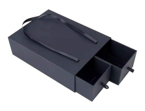Black Rigid Wine Paper Box With 2 Drawers Custom Printed Ribbon Logo Handle